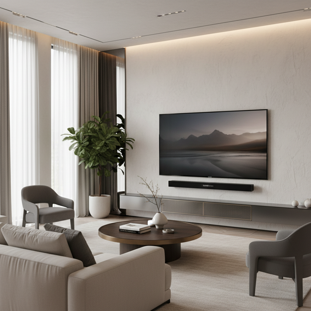 거실 벽면에 설치된 대형 프리미엄 OLED TV와 세련된 디자인의 사운드바가 조화를 이룬 고급스러운 인테리어 디자인.