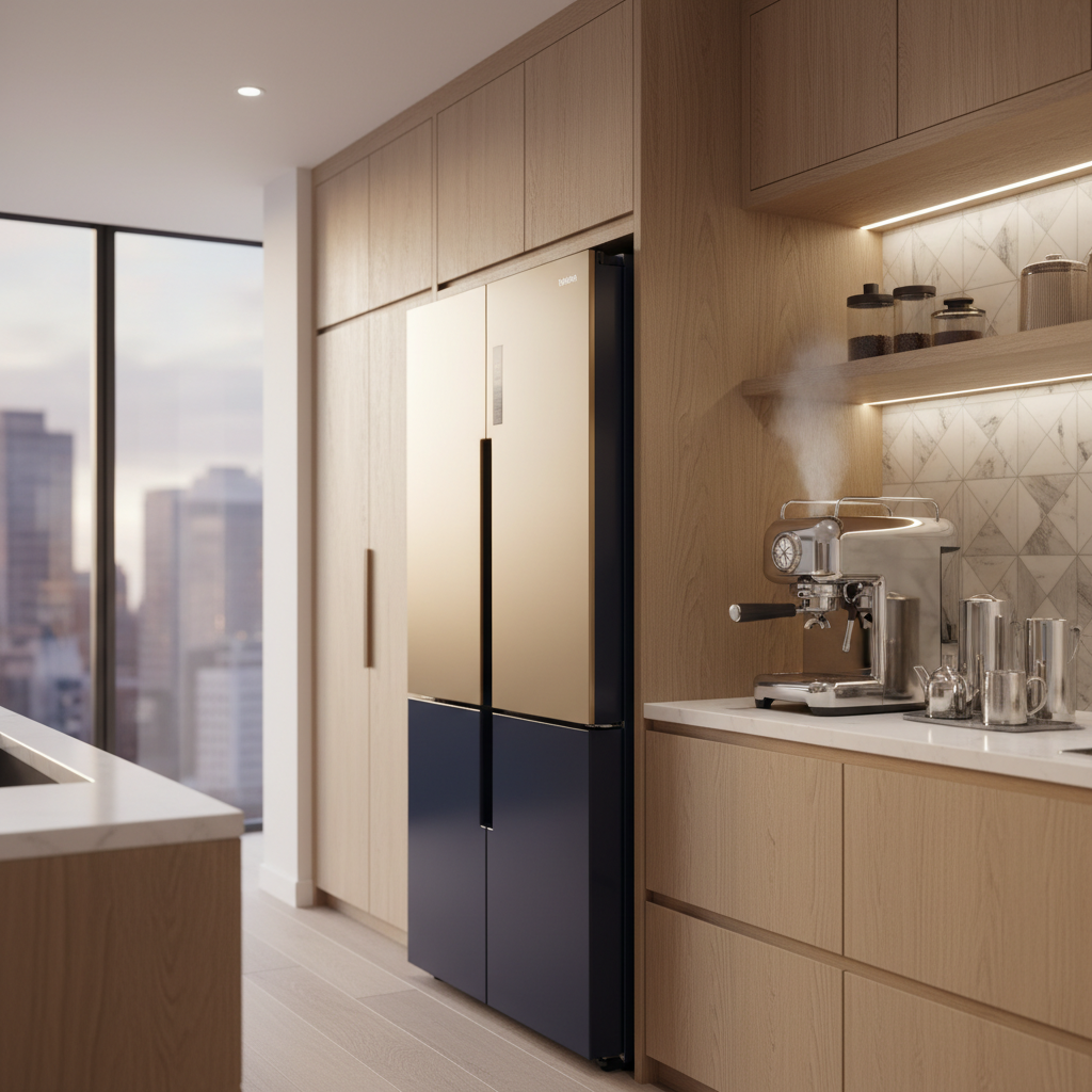 세련된 주방에 배치된 최신형 비스포크 냉장고와 반짝이는 실버 메탈 소재의 에스프레소 머신이 놓인 감각적인 공간.