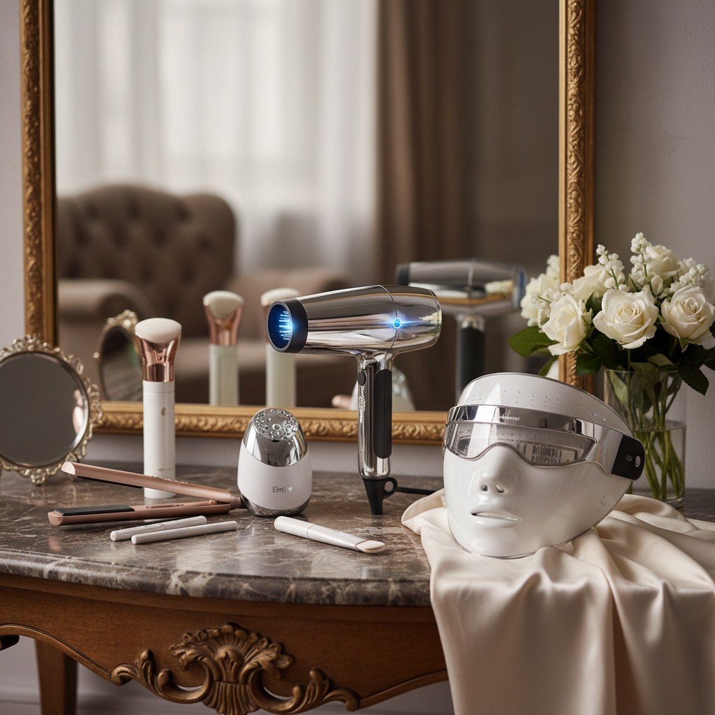 고급스러운 화장대 위에 놓인 최신형 헤어드라이어와 스마트 LED 마스크 등 미용 가전제품들의 깔끔한 정물 사진.