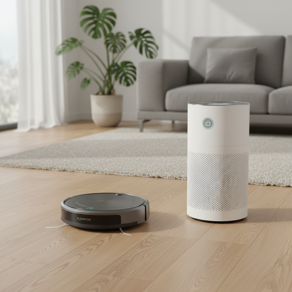 깔끔한 우드 톤의 거실 바닥에서 작동 중인 로봇 청소기와 그 옆에 배치된 미니멀한 디자인의 공기청정기.