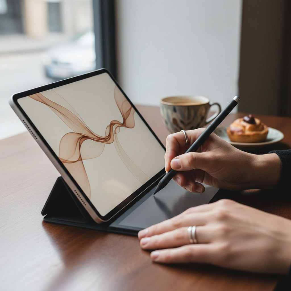 세련된 카페 테이블 위에서 전용 스타일러스 펜을 사용하여 최신형 태블릿에 그림을 그리는 창의적인 작업자의 손길.