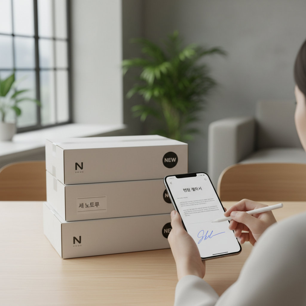 스마트폰을 통해 렌탈 계약서에 전자 서명을 하는 모습과 그 뒤로 정갈하게 포장된 새 노트북 박스가 놓인 합리적 소비의 이미지.